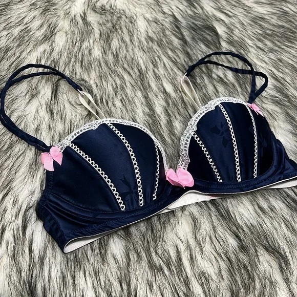 Victorias’s Secret Sexy Little Things Navy Damask Balconette Push Up Bra 32C - Picture 3 of 13